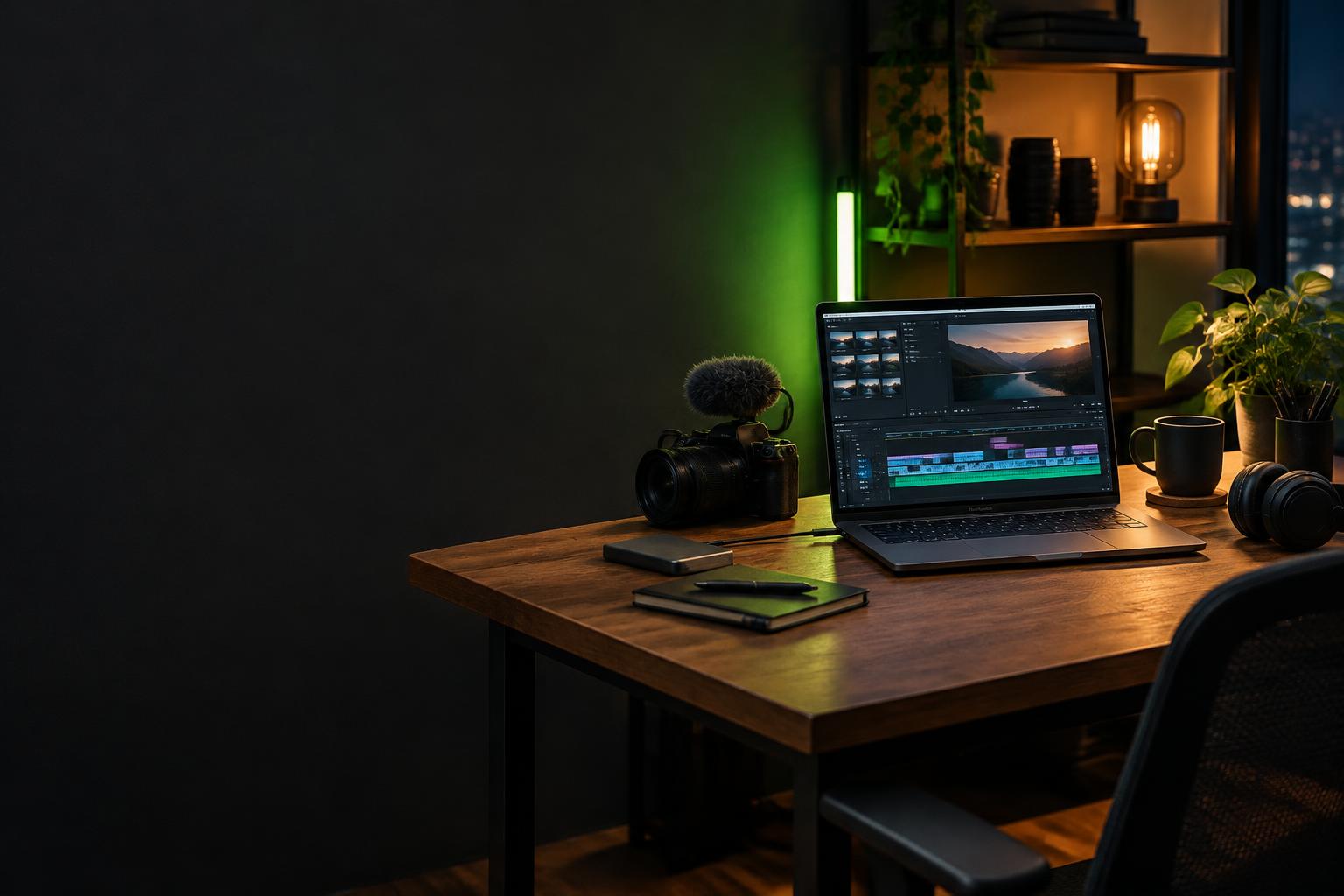 Góc làm việc sáng tạo video với máy quay và công cụ AI